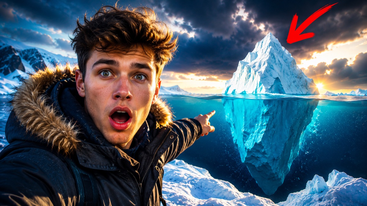 AI-restyled scene: same creator, same pose, now pointing at an iceberg