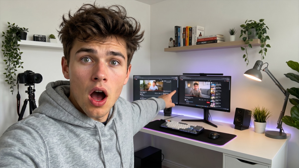 Original photo: creator at their desk pointing at a monitor